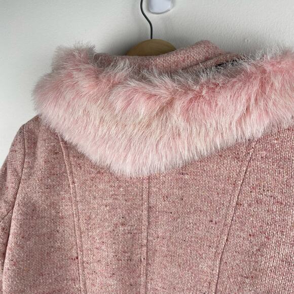 y2k Pink Tweed Wool Blend Coat Size S Faux Fur Trim Full Zip Jacket Bratz Doll - Picture 4 of 11